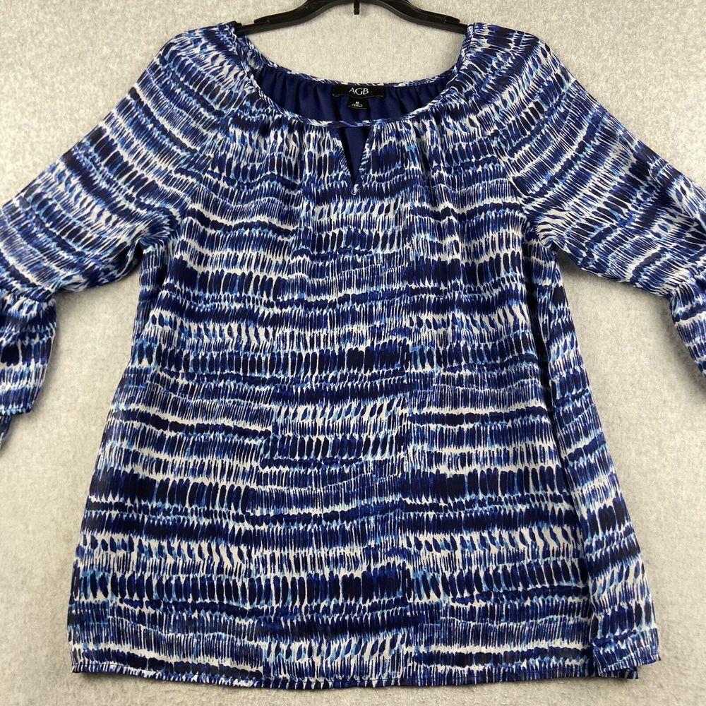 AGB Top Womens Medium M Blue White‎ Sheer 3/4 Bell Sleeves Lined Tunic Party